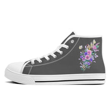 Load image into Gallery viewer, Ti Amo I love you  - Exclusive Brand - Dark Gray with Pink &amp; Purple Flowers High-Top Canvas Shoes - White
