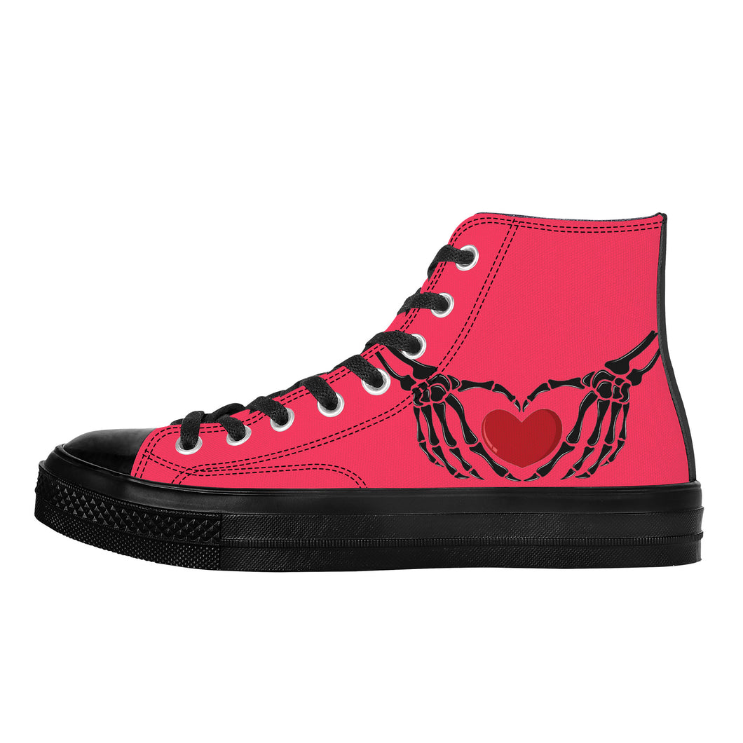 Ti Amo I love you - Exclusive Brand - Radical Red - Skeleton Hands wit Heart - High Top Canvas Shoes - Black  Soles