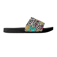 Load image into Gallery viewer, Ti Amo I love you  - Exclusive Brand - White with Kabul Spots &amp; Puerto Rico &amp; Medium Red Violet Leopard Pattern - Slide Sandals - Black Soles
