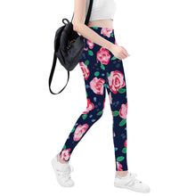 Load image into Gallery viewer, Ti Amo I love you - Exclusive Brand - Navy with Cabbage Roses - Womens / Teen Girls / Womens Plus Size - Yoga Leggings - SiEs XS-3XL
