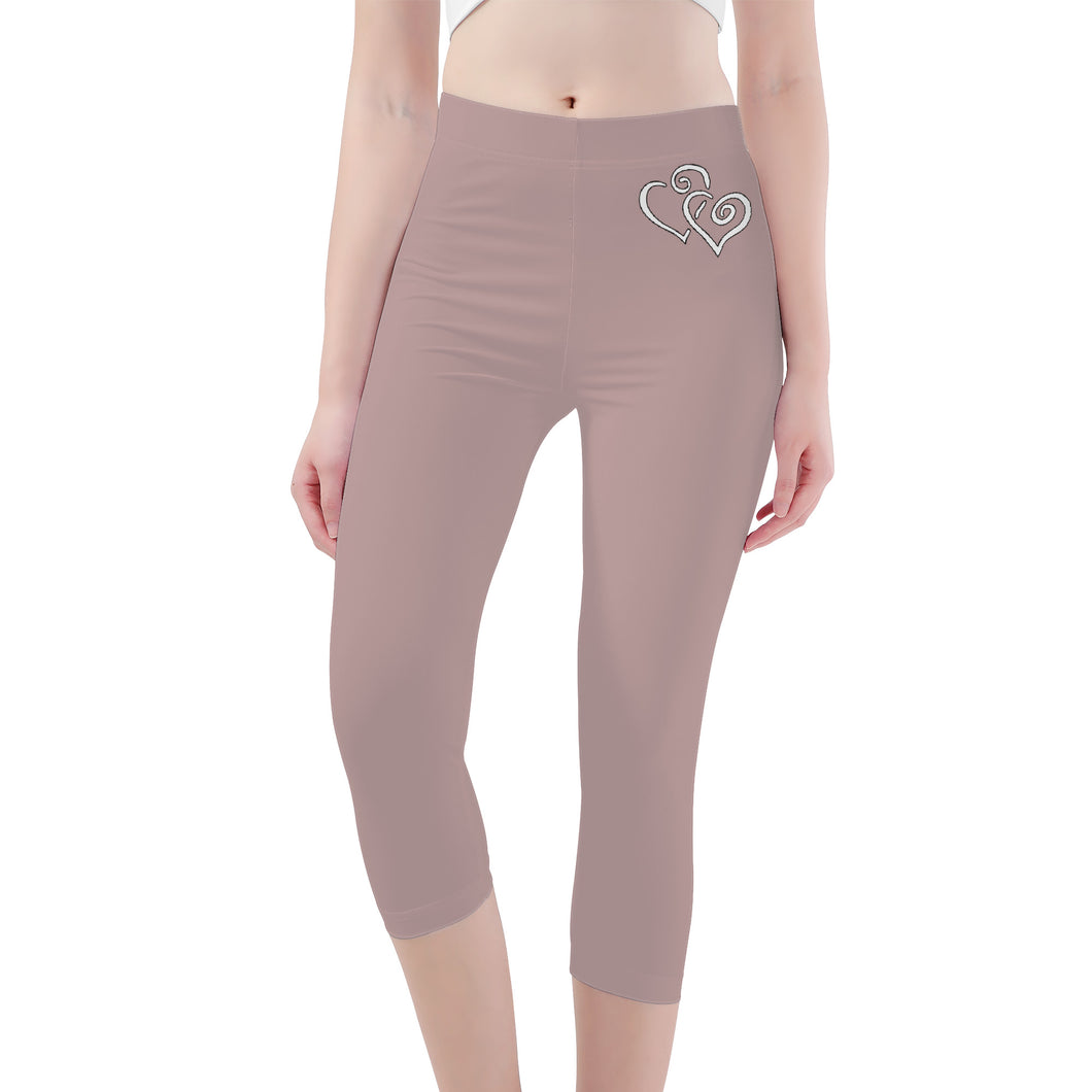 Ti Amo I love you -Exclusive Brand - Thatch - Double White Heart - Womens / Teen Girls / Womens Plus Size - Capri Yoga Leggings - Sizes XS-3XL